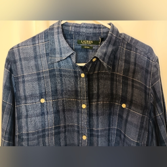 Lauren Ralph Lauren Womens 1X Long Sleeve Linen Shirt Blue Plaid Button Classic - Picture 2 of 10